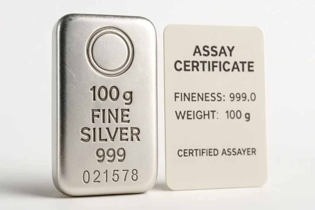 How to buy silver online in India safely: complete 2025 guide 3 Macro shot of a 999 fine silver bar with weight, serial number, and an assay card beside it