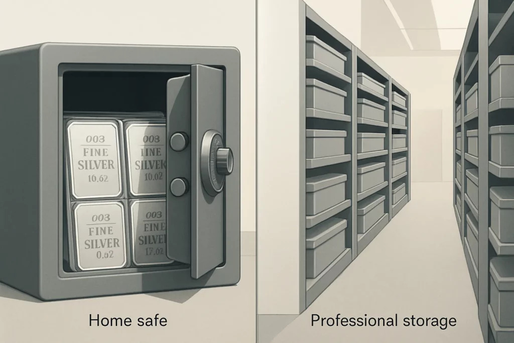 How to buy silver online in India safely: complete 2025 guide 4 Split visual: home safe with packed silver bars vs professional vaulted storage with insured/audited cues