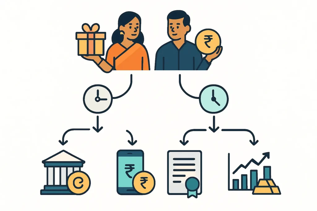 How to Buy Gold from Banks in India: Pros, Cons, and Hidden Costs 4 Decision-flow illustration: choosing between Bank Gold, Digital Gold, SGB, and Gold ETF