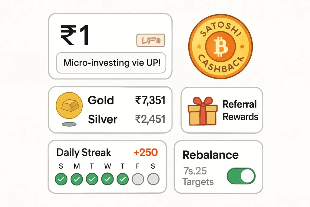 How to invest in gold and silver together: build a balanced metals portfolio 5 Concept illustration of OroPocket: ₹1 UPI micro-investing, gold & silver balances side-by-side, Satoshi cashback, streak calendar, referral rewards, and a rebalance toggle for 75:25 targets