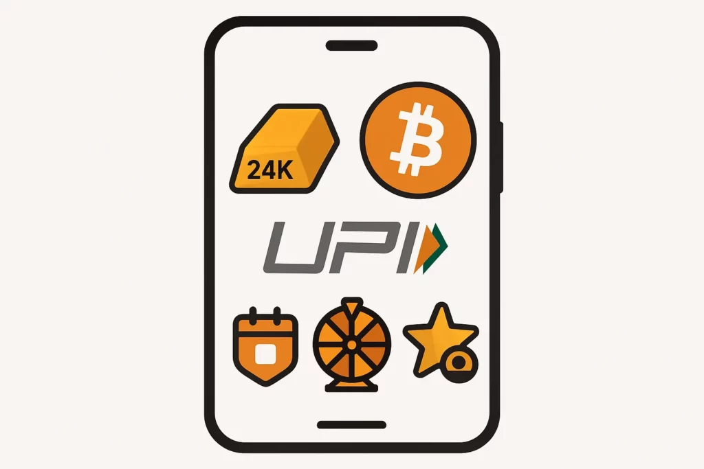 How to Buy Gold from Banks in India: Pros, Cons, and Hidden Costs 5 Concept art: smartphone with 24K gold bar, Bitcoin icons, UPI logo, and reward badges