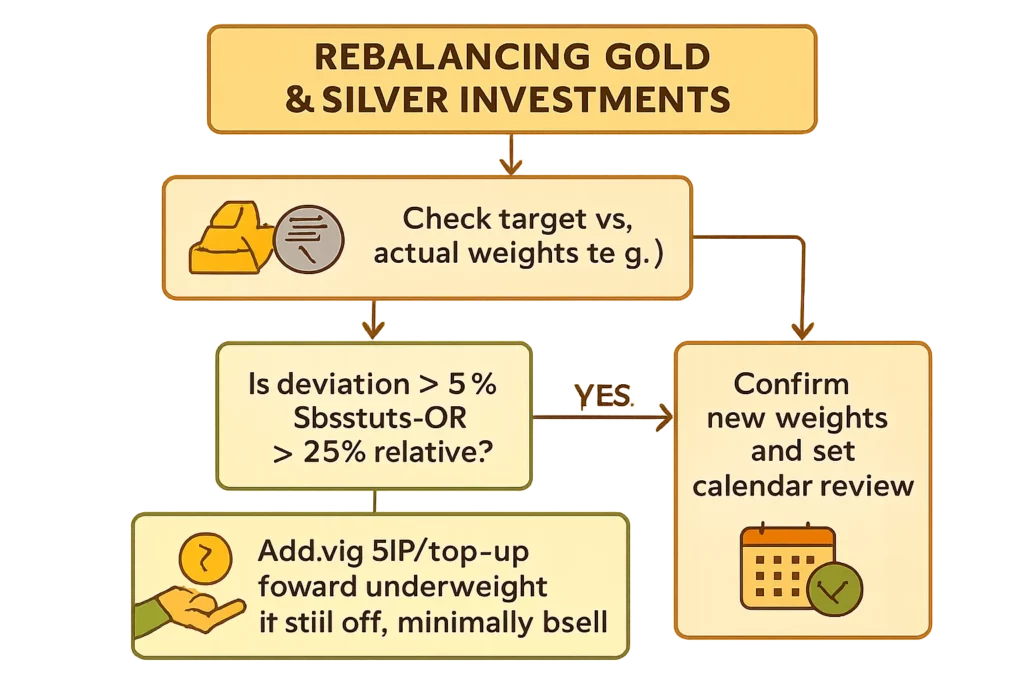How to invest in gold and silver together: build a balanced metals portfolio 4 Flowchart showing a rebalancing decision tree for gold & silver investments: check targets vs actual, test 5/25 rule, add via SIP/top-up, minimal sell if needed, confirm new weights
