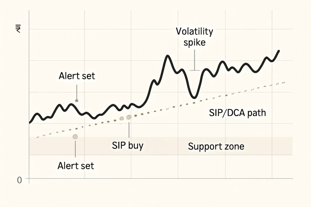 Digital gold price explained: live rates, spreads, and how pricing works 5 Conceptual line chart with SIP path, dips, spikes, and alert markers