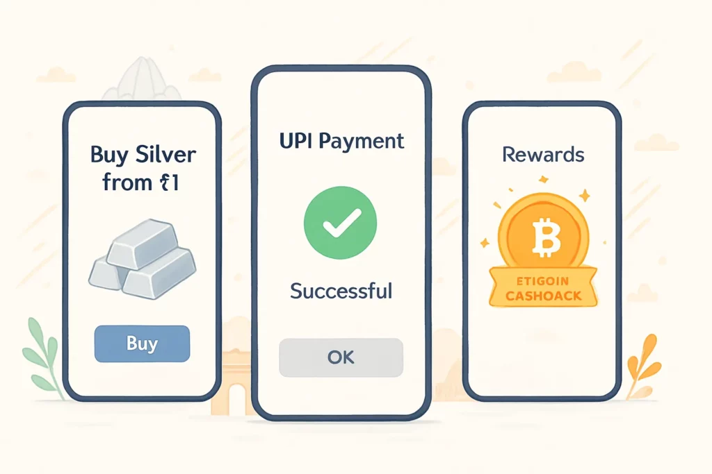 How to buy silver online in India safely: complete 2025 guide 5 Smartphone mock showing Buy Silver from ₹1, UPI payment, and Bitcoin cashback rewards badge