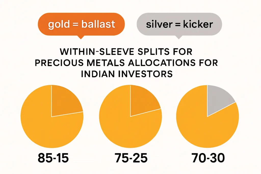 How to invest in gold and silver together: build a balanced metals portfolio 3 Three pie charts showing 85:15, 75:25, and 70:30 gold:silver within-sleeve splits with annotations 'gold = ballast' and 'silver = kicker'