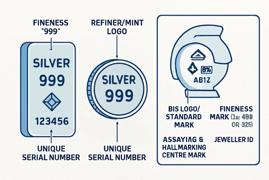 Is it safe to buy silver online in India in 2025? 3 Labeled purity markings on silver bar/coin and BIS hallmark components on artefacts