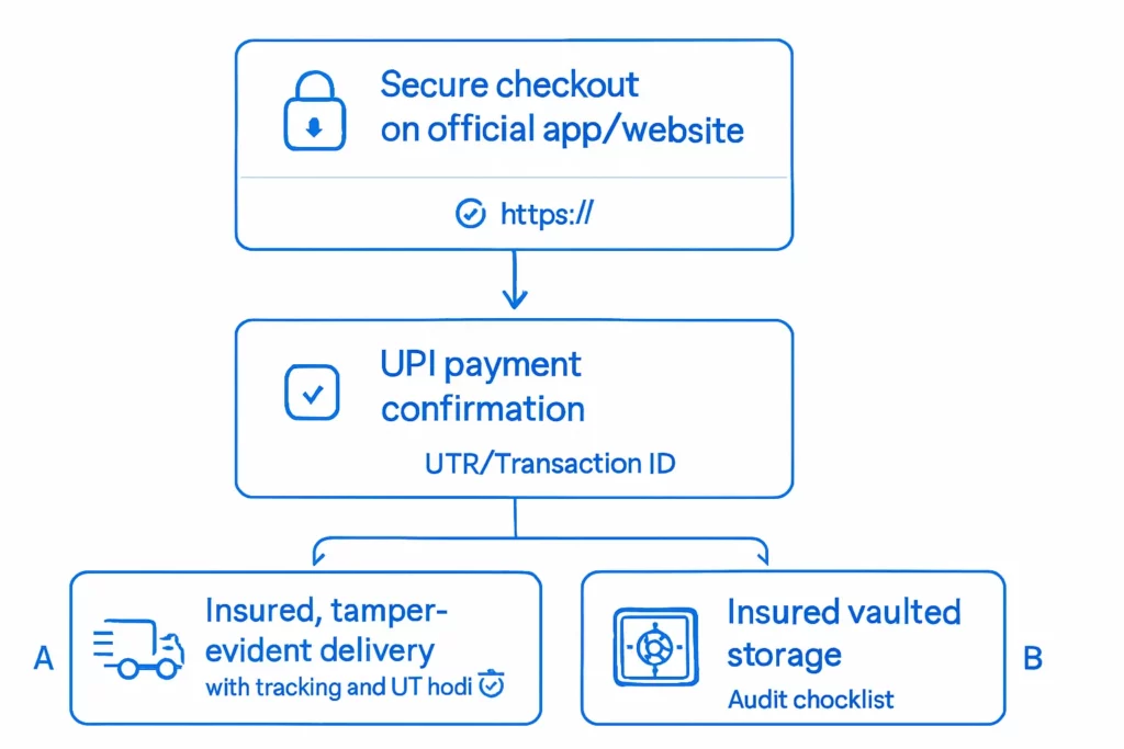 Is it safe to buy silver online in India in 2025? 4 Secure checkout flow: UPI payment to insured delivery or insured vault