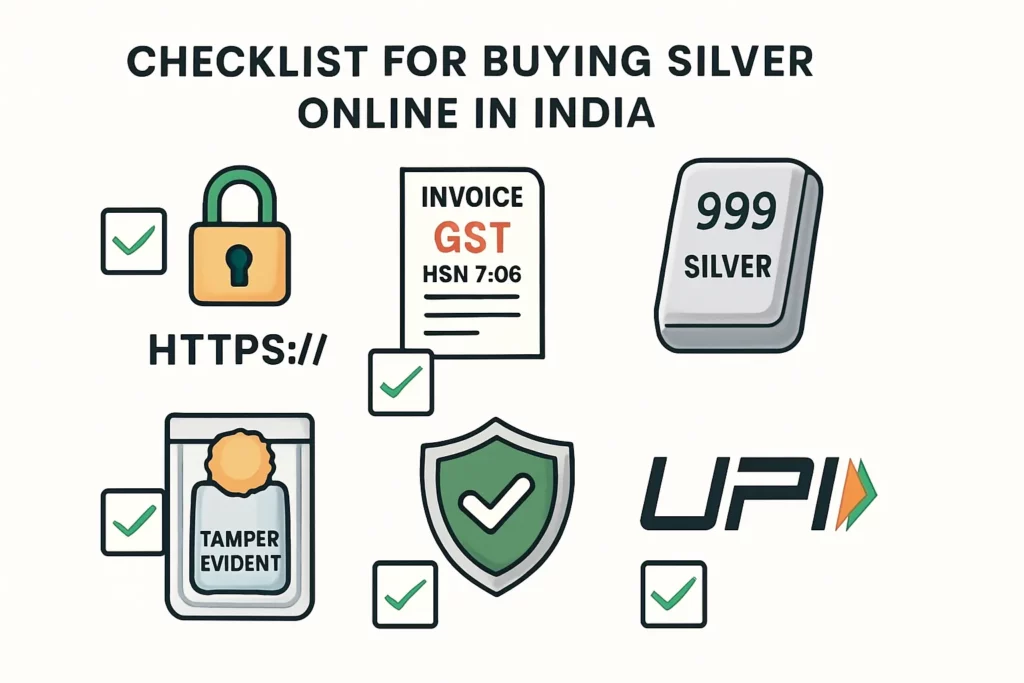 How to buy silver online in India safely: complete 2025 guide 2 Checklist for vetting a silver platform: HTTPS, GST invoice with HSN 7106, 999 purity, tamper-evident packaging, insured vaults, and UPI