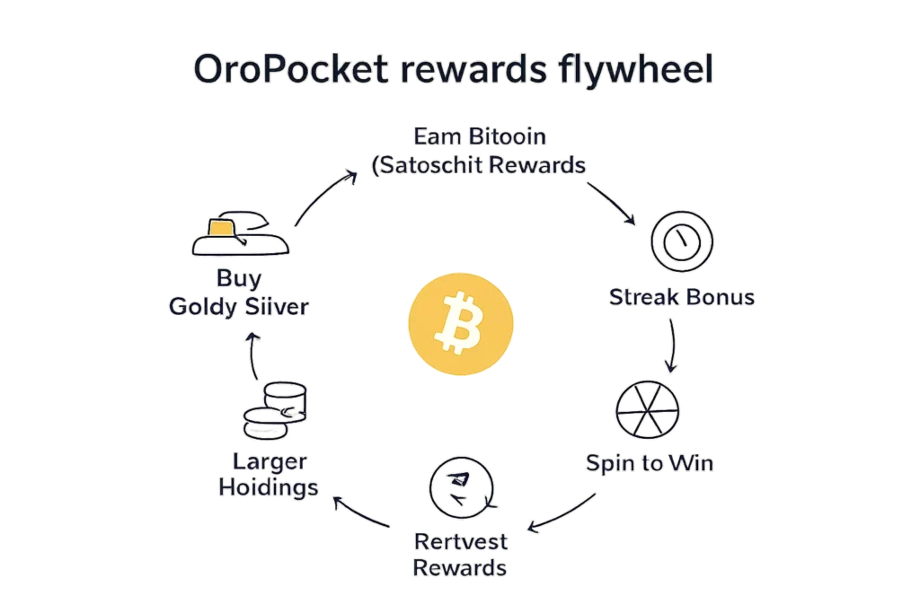 Digital gold price explained: live rates, spreads, and how pricing works 4 OroPocket rewards flywheel: Buy → Bitcoin Rewards → Streak Bonus → Spin to Win → Reinvest → Larger Holdings → Lower Effective Cost