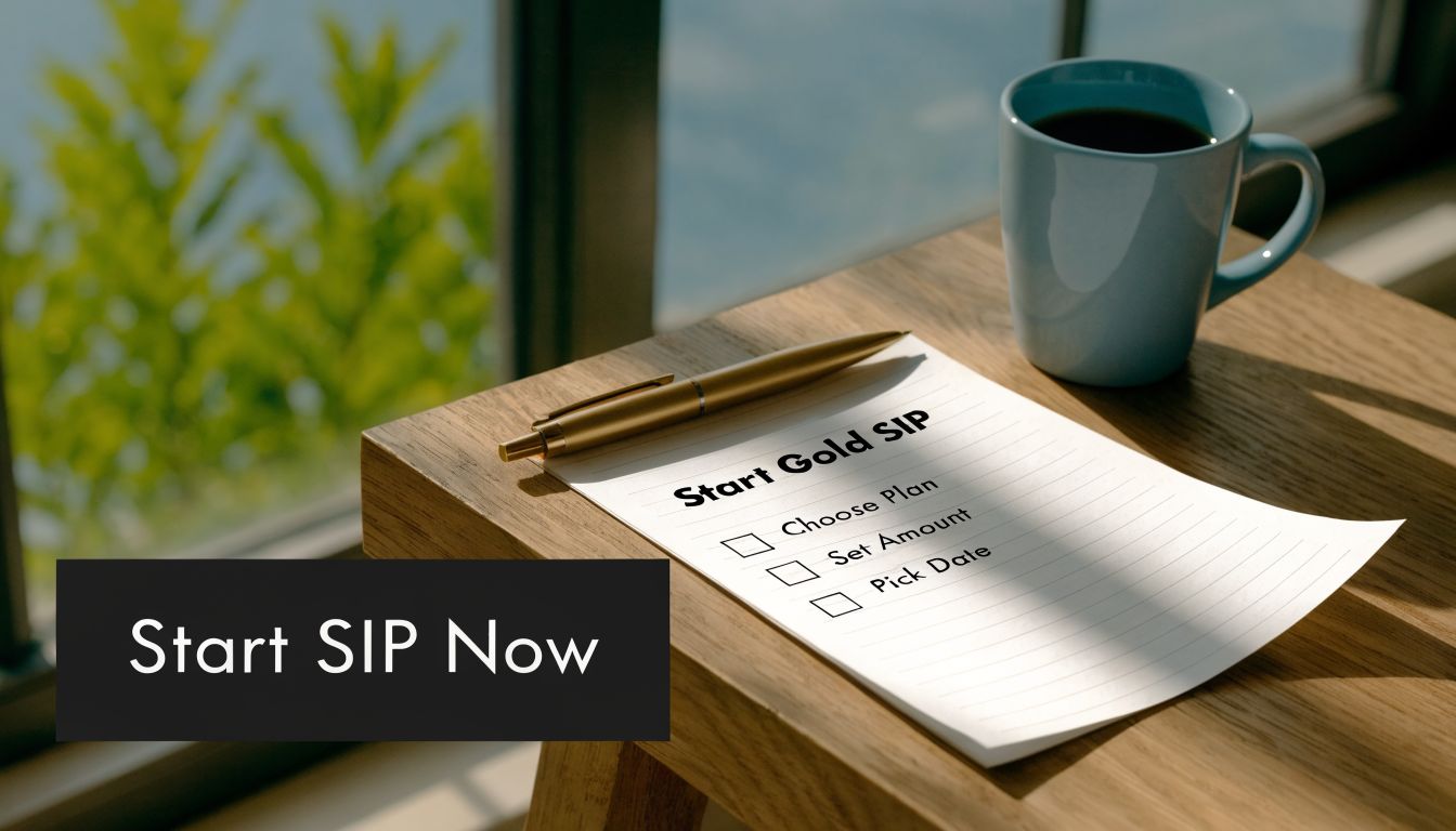 A checklist on a wooden table with a gold pen and coffee mug, titled Start Gold SIP.