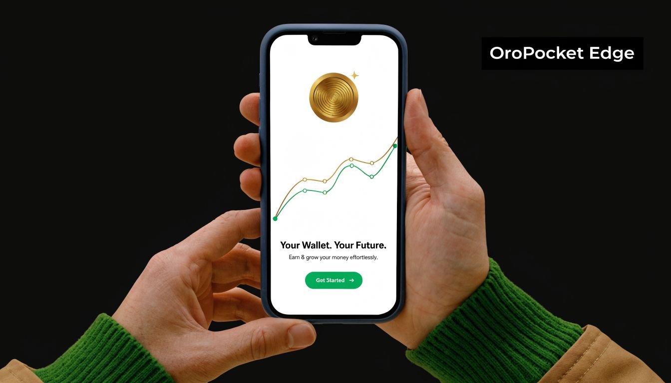 A person holding a smartphone displaying the OroPocket Edge app for digital gold investment and growth.