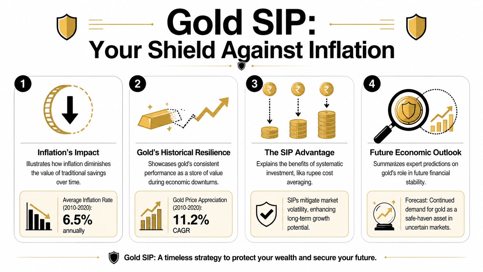 An infographic titled Gold SIP explaining the benefits of systematic gold investment as a hedge against inflation.