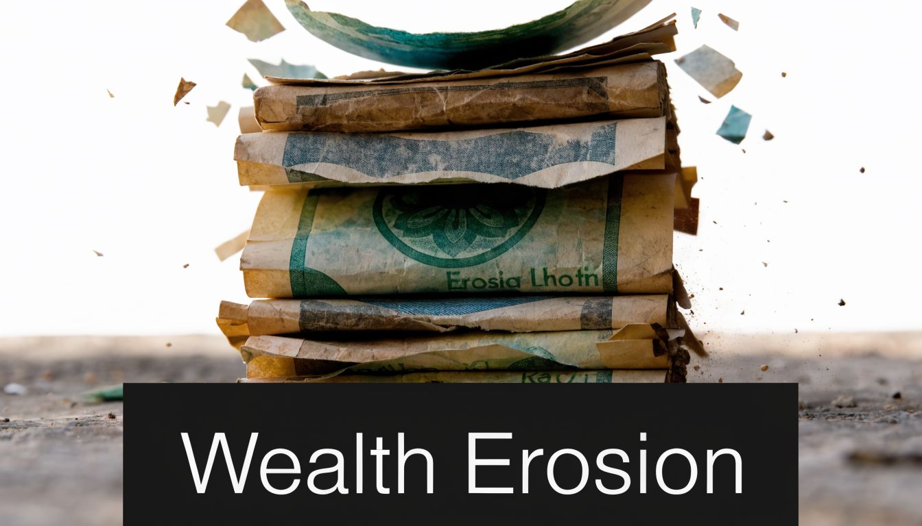 A stack of decaying paper currency representing the concept of financial loss and wealth erosion.