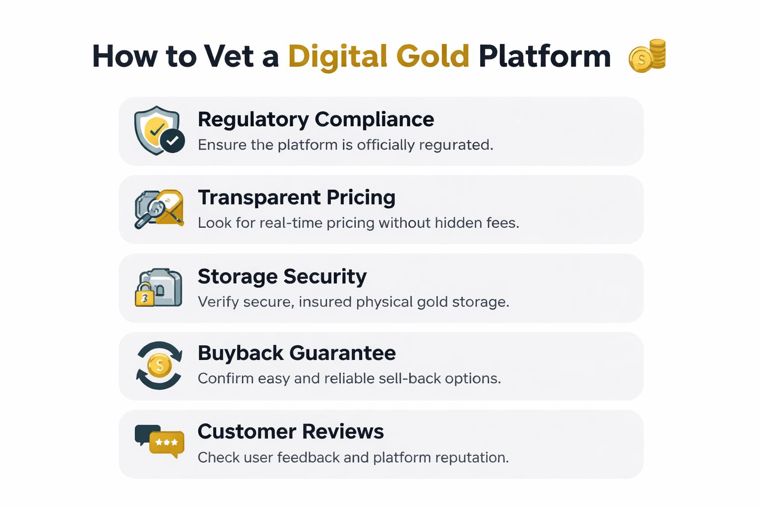 A helpful infographic showing five key steps to evaluate and vet a secure digital gold platform.