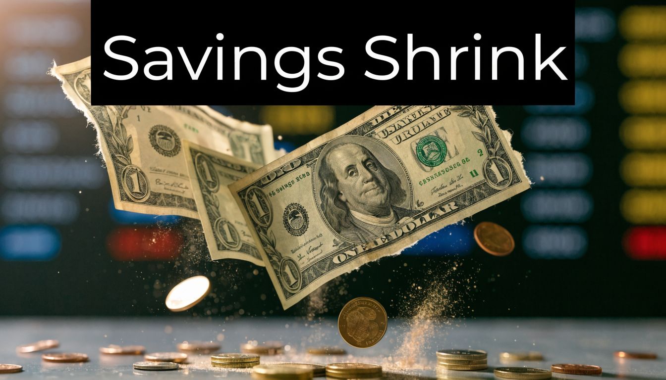 US dollar banknotes crumbling and coins falling against a blurred background of stock market financial data.