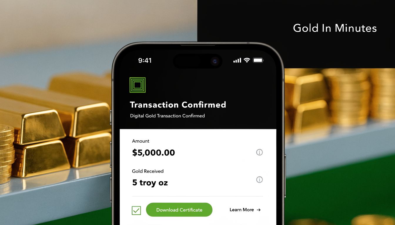 A smartphone screen displaying a confirmed digital gold transaction for five troy ounces at five thousand dollars.