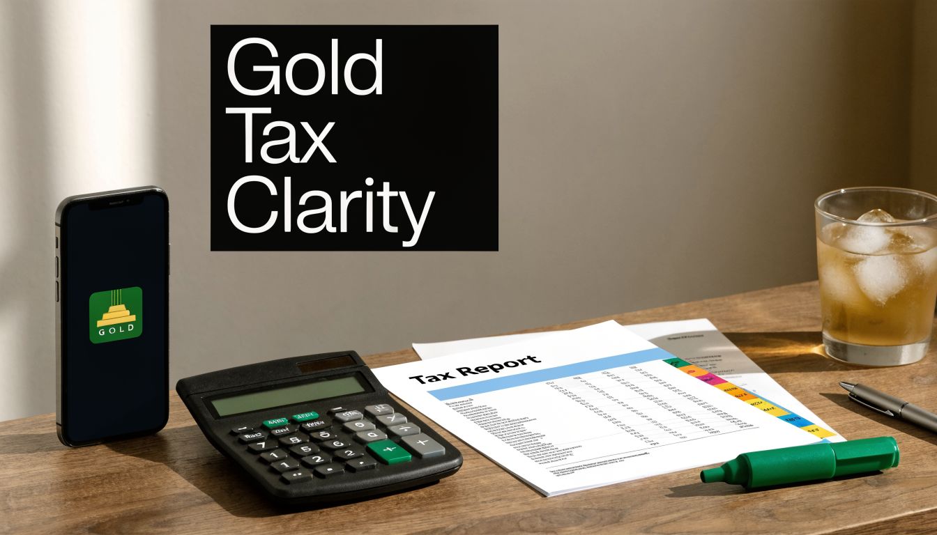 A calculator, tax report papers, a phone, and a drink on a desk for gold tax clarity.