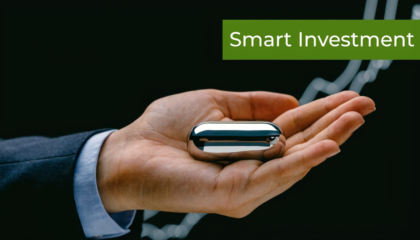 A close-up of a businessman's hand holding a shiny silver capsule against a background with a rising chart.