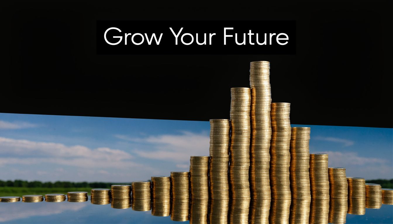 A conceptual image showing stacks of gold coins increasing in height against a blue sky background.