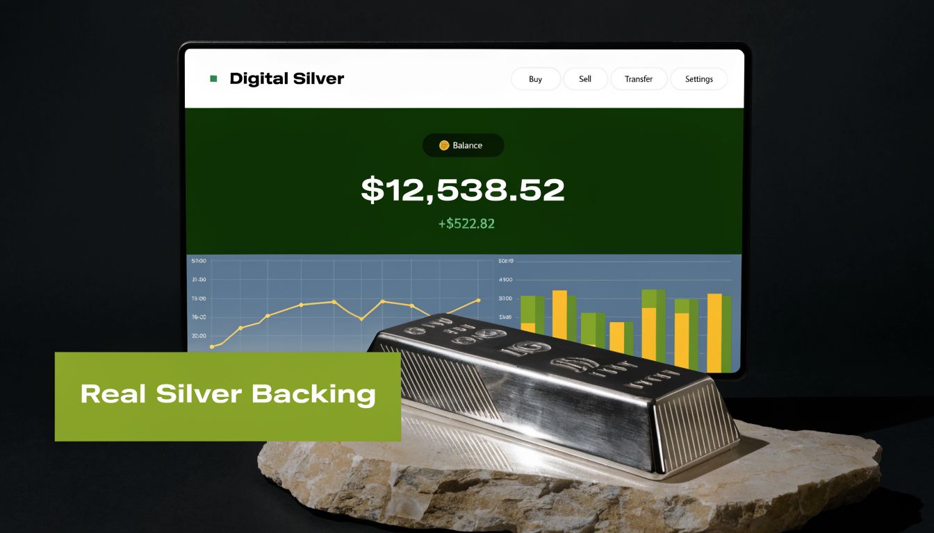 A silver bar resting on a stone next to a screen displaying digital silver investment account balance.