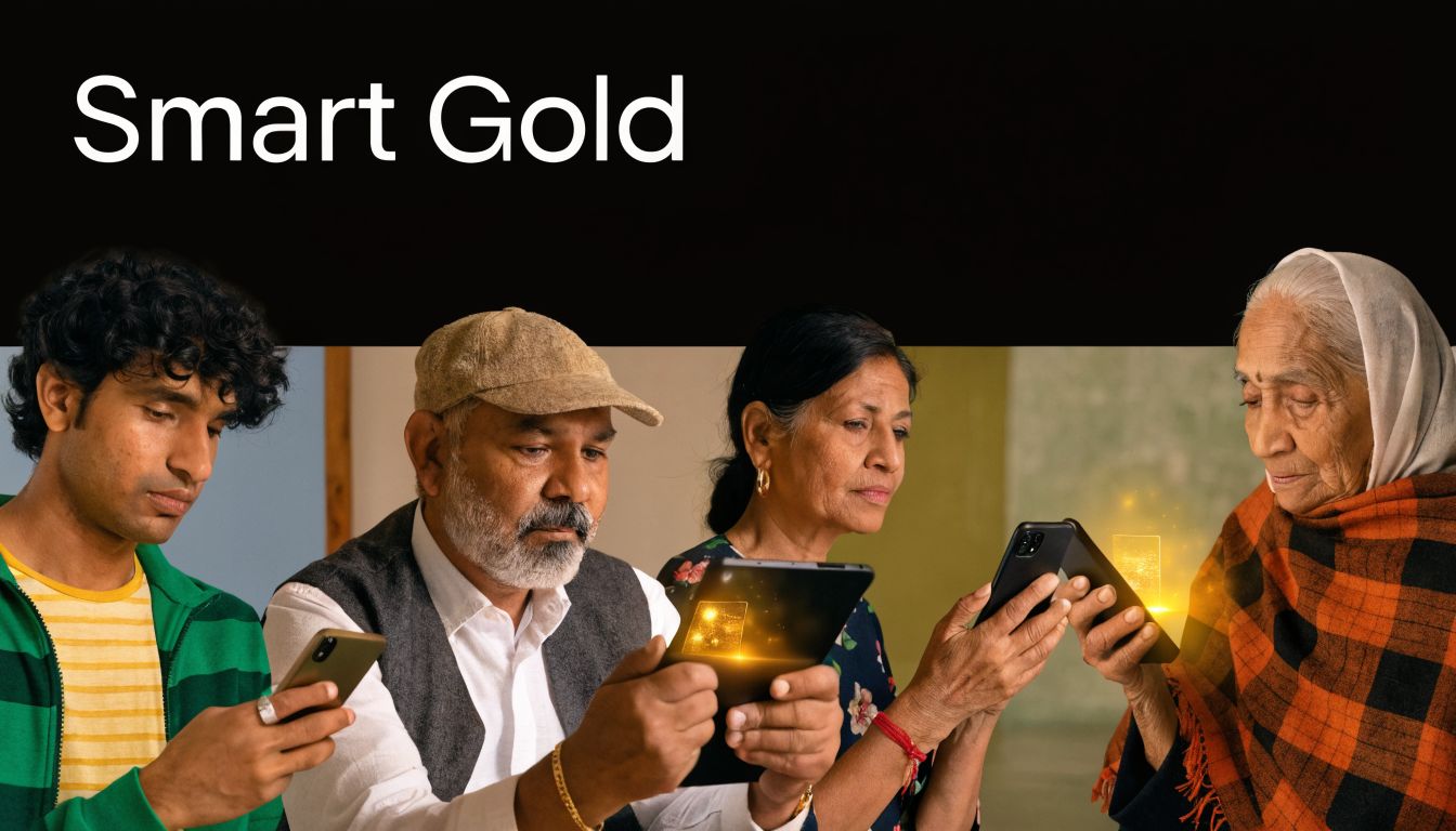 A diverse Indian family sitting together, actively using smartphones and a tablet for digital gold investment services.