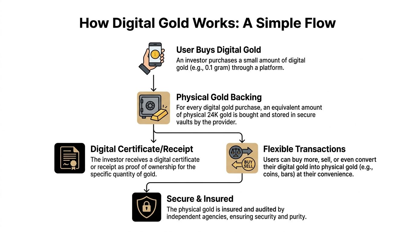 A simple flowchart explaining the process of buying, storing, and trading digital gold investments.