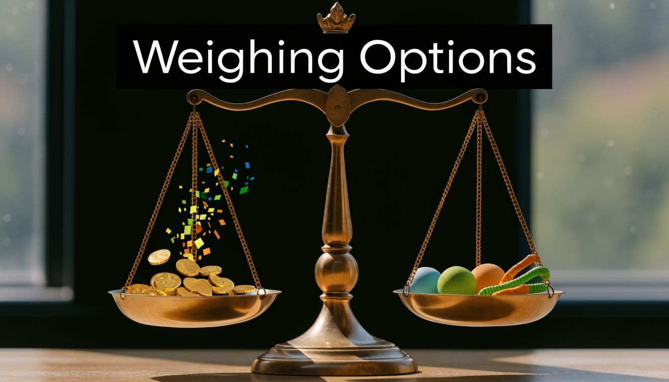 A brass scale weighing gold coins and confetti against colorful spheres and gummy worms on a table.