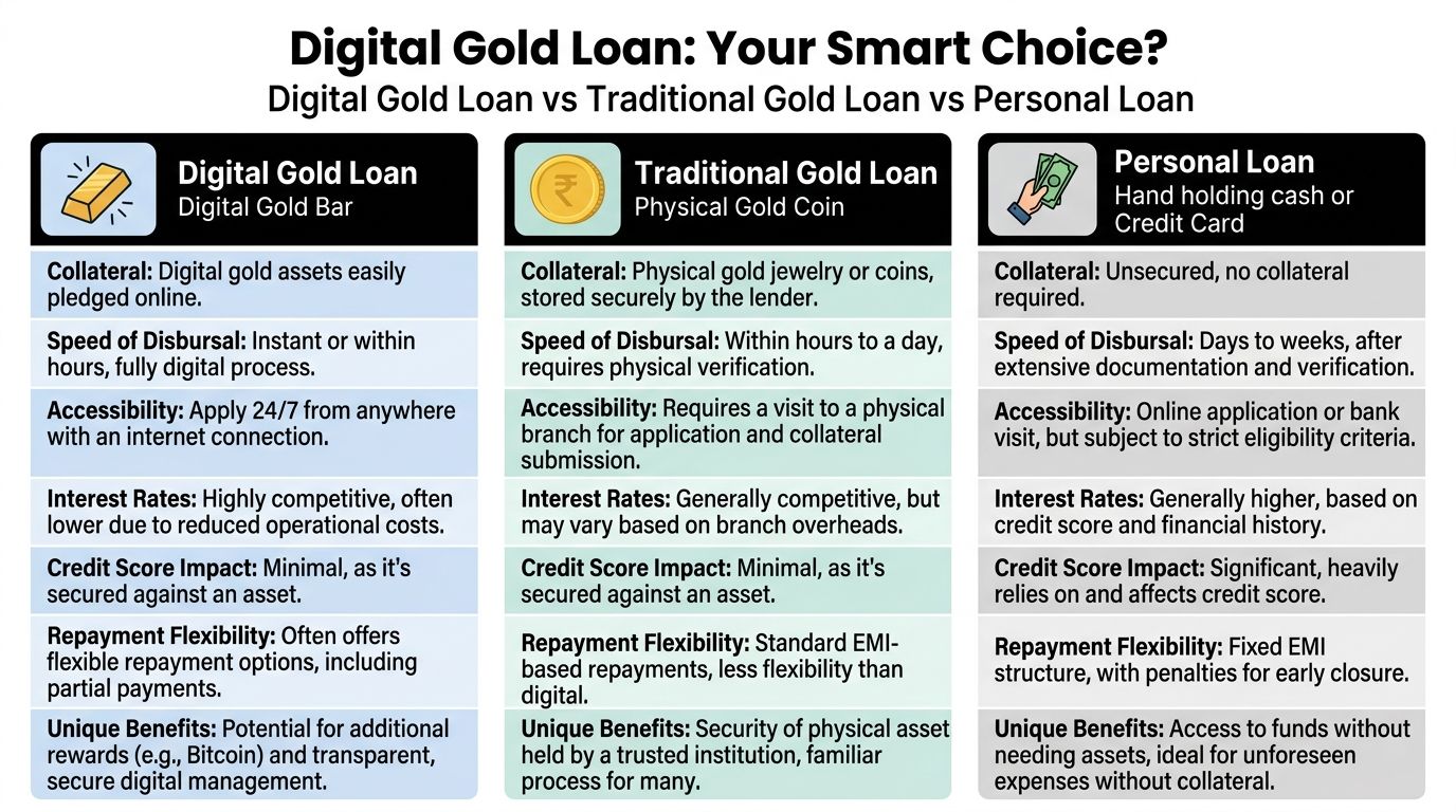 Digital Gold Loan: A 2026 Guide to Instant Cash 4 A comparison chart highlighting the differences between digital gold loans, traditional gold loans, and personal loans.
