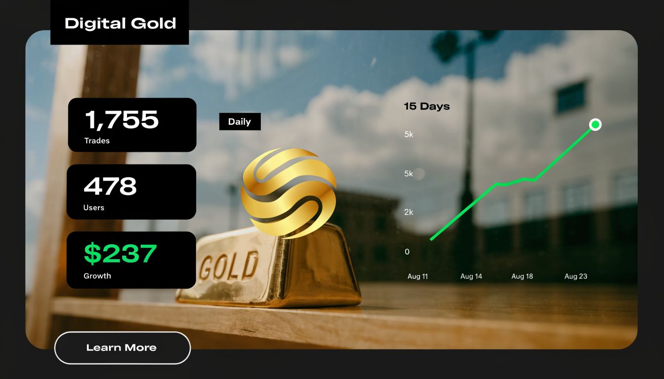 Digital Gold Loan: A 2026 Guide to Instant Cash 2 A digital graphic displaying performance metrics for digital gold with a trend line chart and statistics.