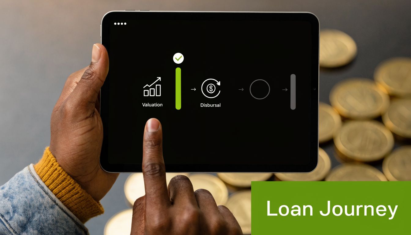 Digital Gold Loan: A 2026 Guide to Instant Cash 3 A person using a tablet to view a digital loan journey progress bar with icons on screen.