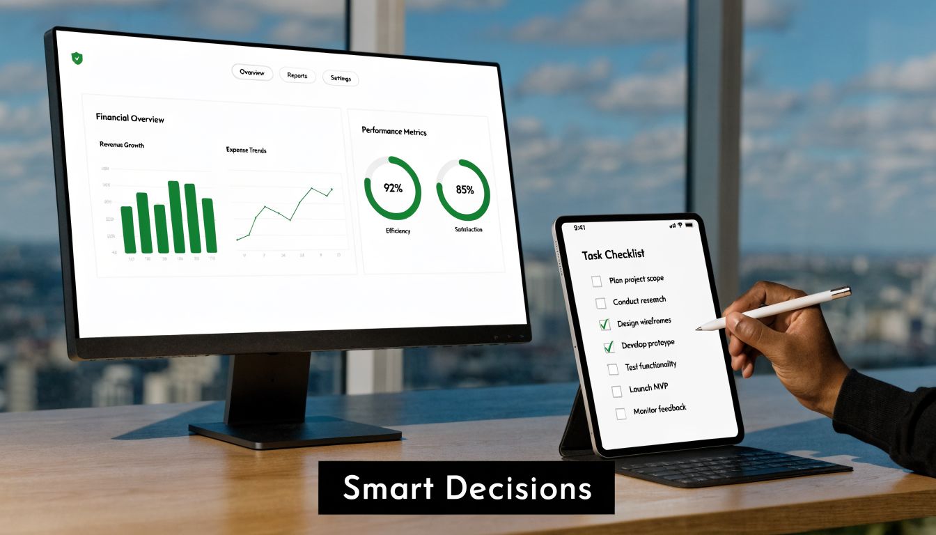 A professional desk setup with a computer dashboard and a tablet showing a project task checklist.