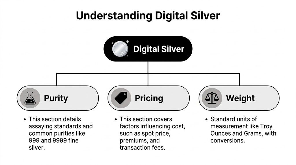 A diagram outlining the key concepts of digital silver including its purity, pricing, and weight measurements.