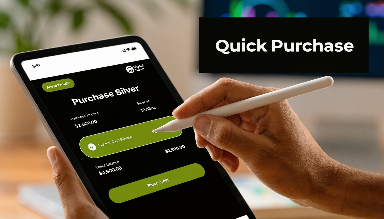 A person using a stylus on a tablet screen to complete a digital silver purchase transaction.