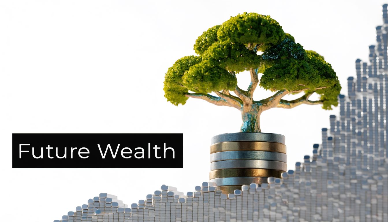 A small green tree growing out of a stack of metallic coins on a bar graph background.