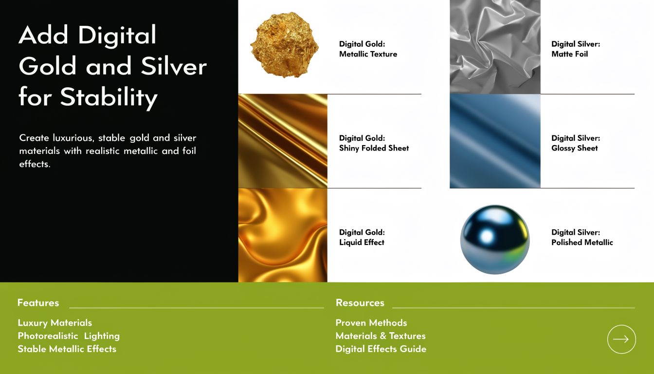 A digital graphic showcasing various realistic gold and silver metallic, liquid, and foil textures for design projects.