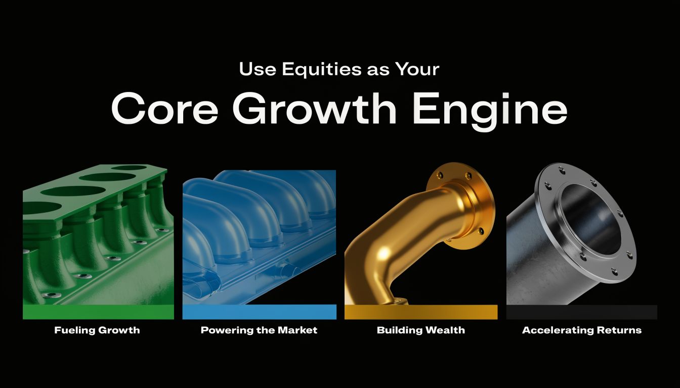 A graphic depicting four mechanical components labeled as fueling growth, powering the market, building wealth, and accelerating returns.