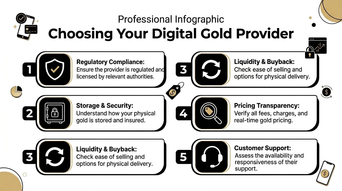 A professional infographic outlining five essential factors for choosing a reliable digital gold investment provider.