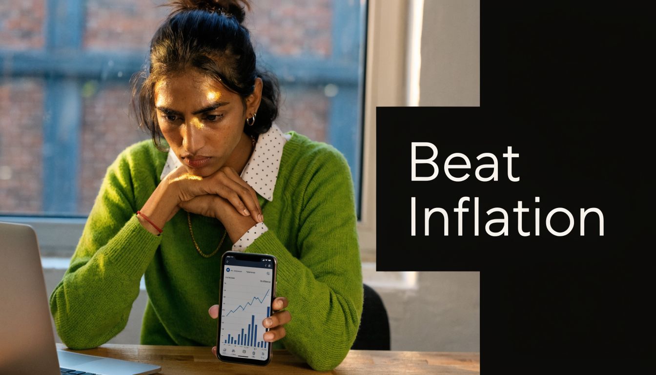 A focused woman reviewing digital investment charts on a smartphone while sitting at a desk.