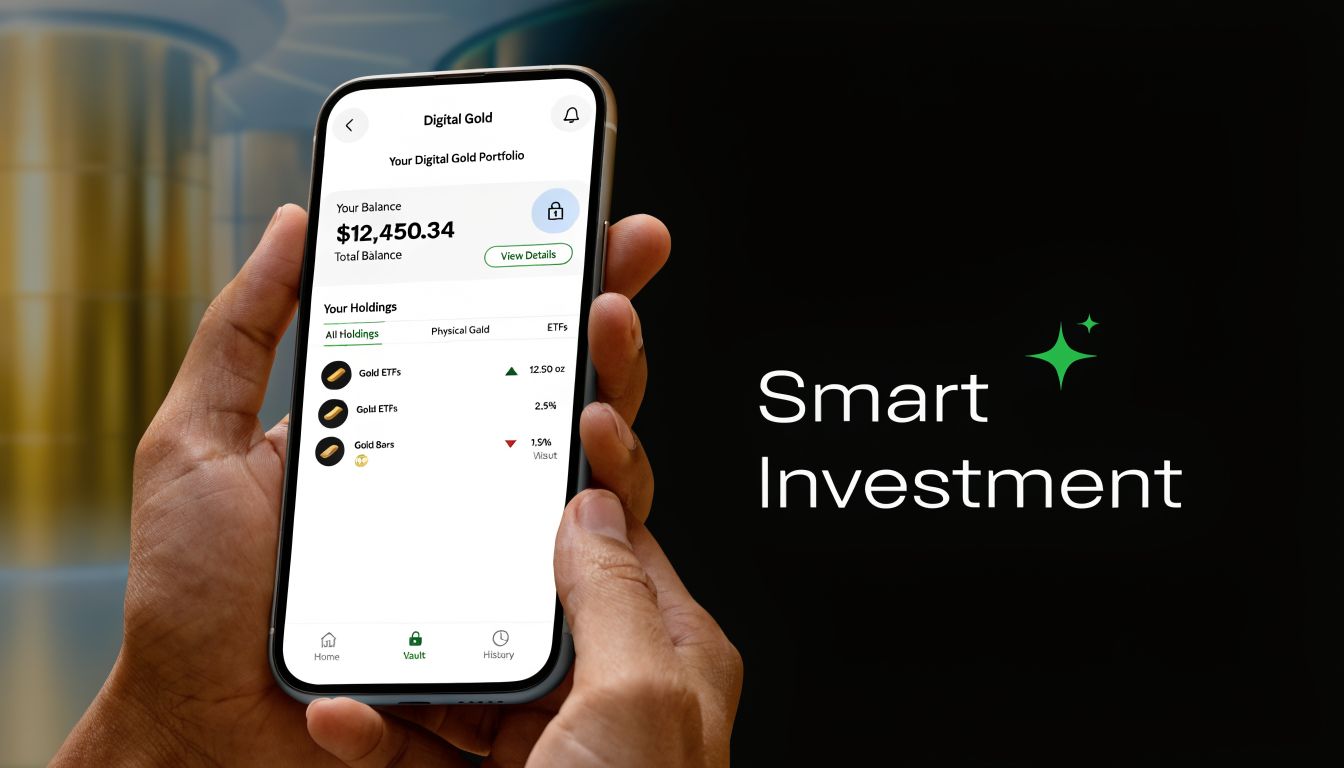 A person holding a smartphone displaying a digital gold investment portfolio app against a dark background.