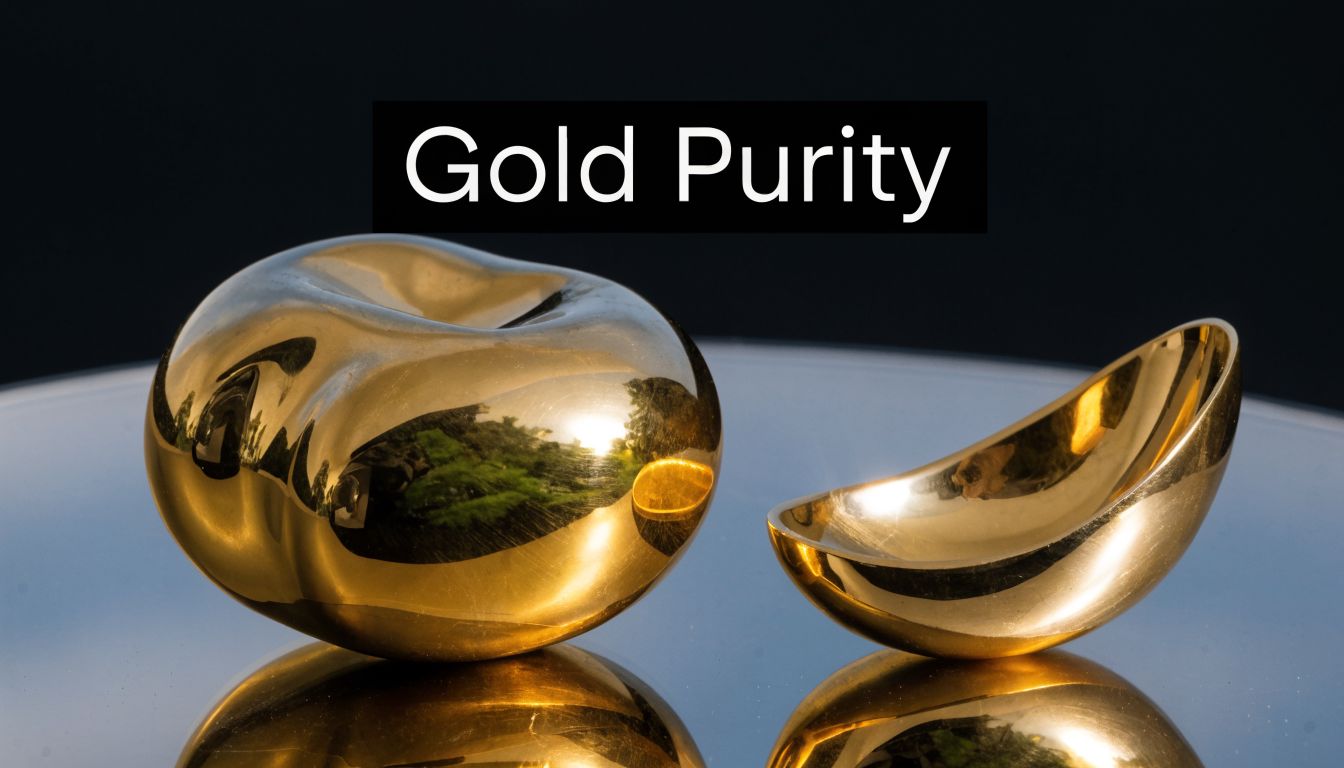 A smooth, polished gold apple sitting next to a separate golden curved bowl on a reflective surface.