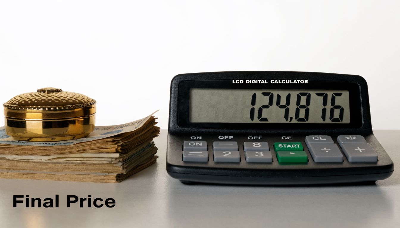 A black LCD digital calculator showing 124.876 next to a stack of cash and a gold container.
