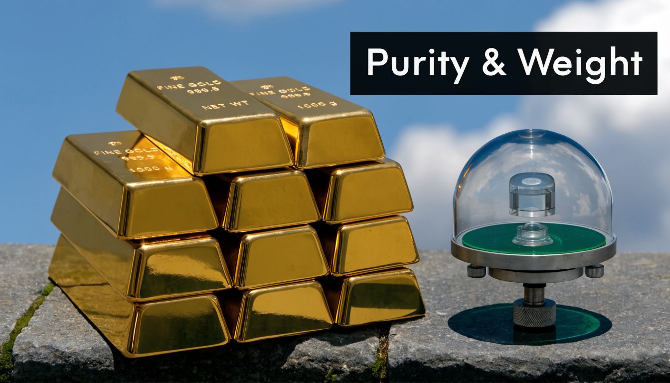 A stack of gold bars beside a precision measuring instrument under a blue sky.