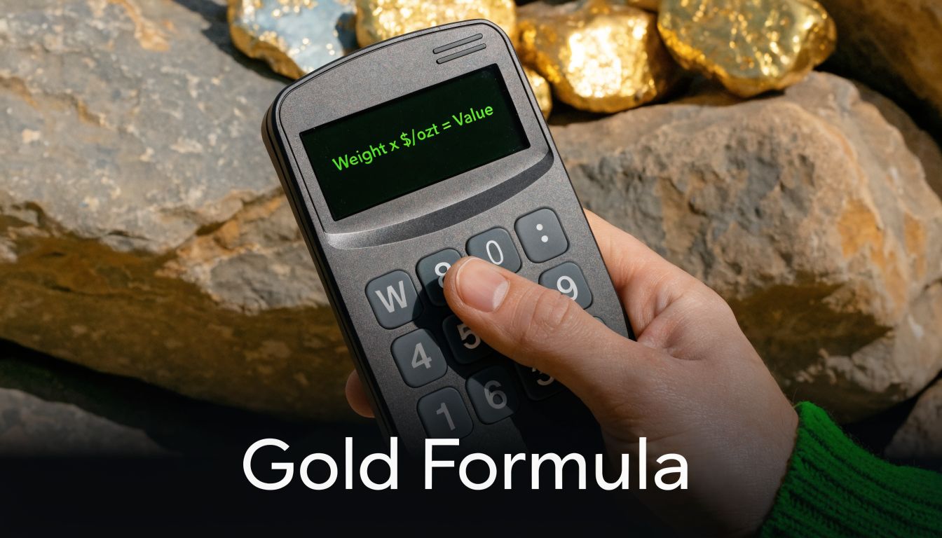 A hand holding a calculator displaying a formula to calculate the monetary value of gold.