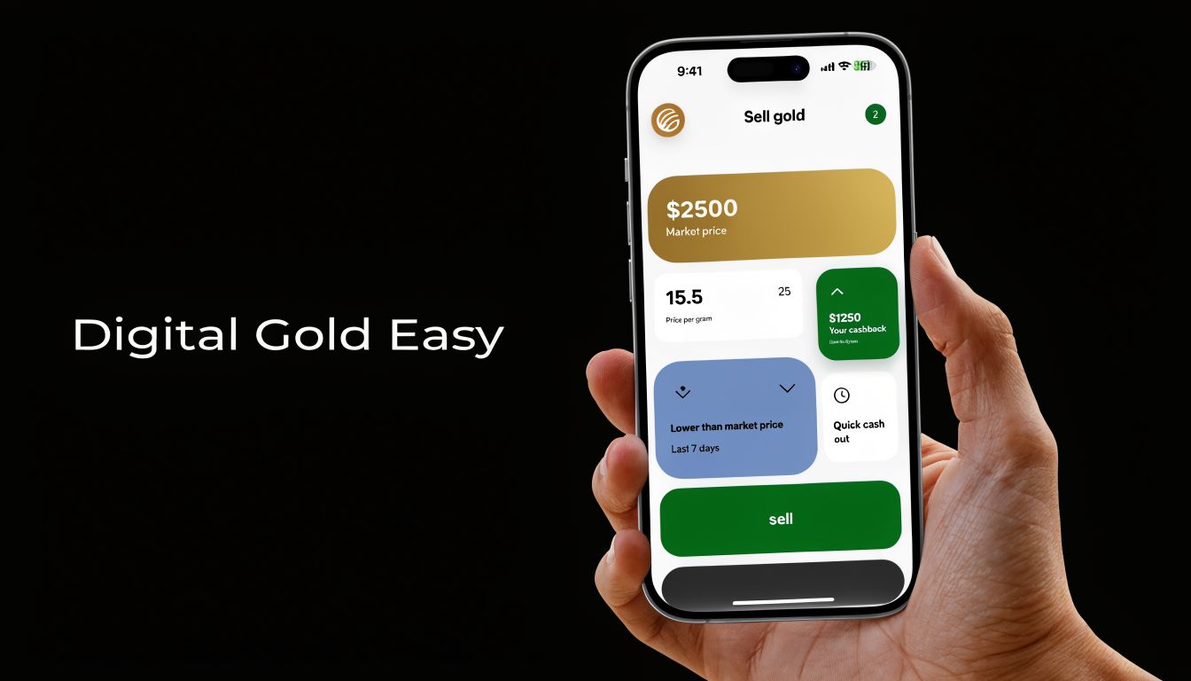 A hand holding a smartphone showing a mobile app interface for selling digital gold online.