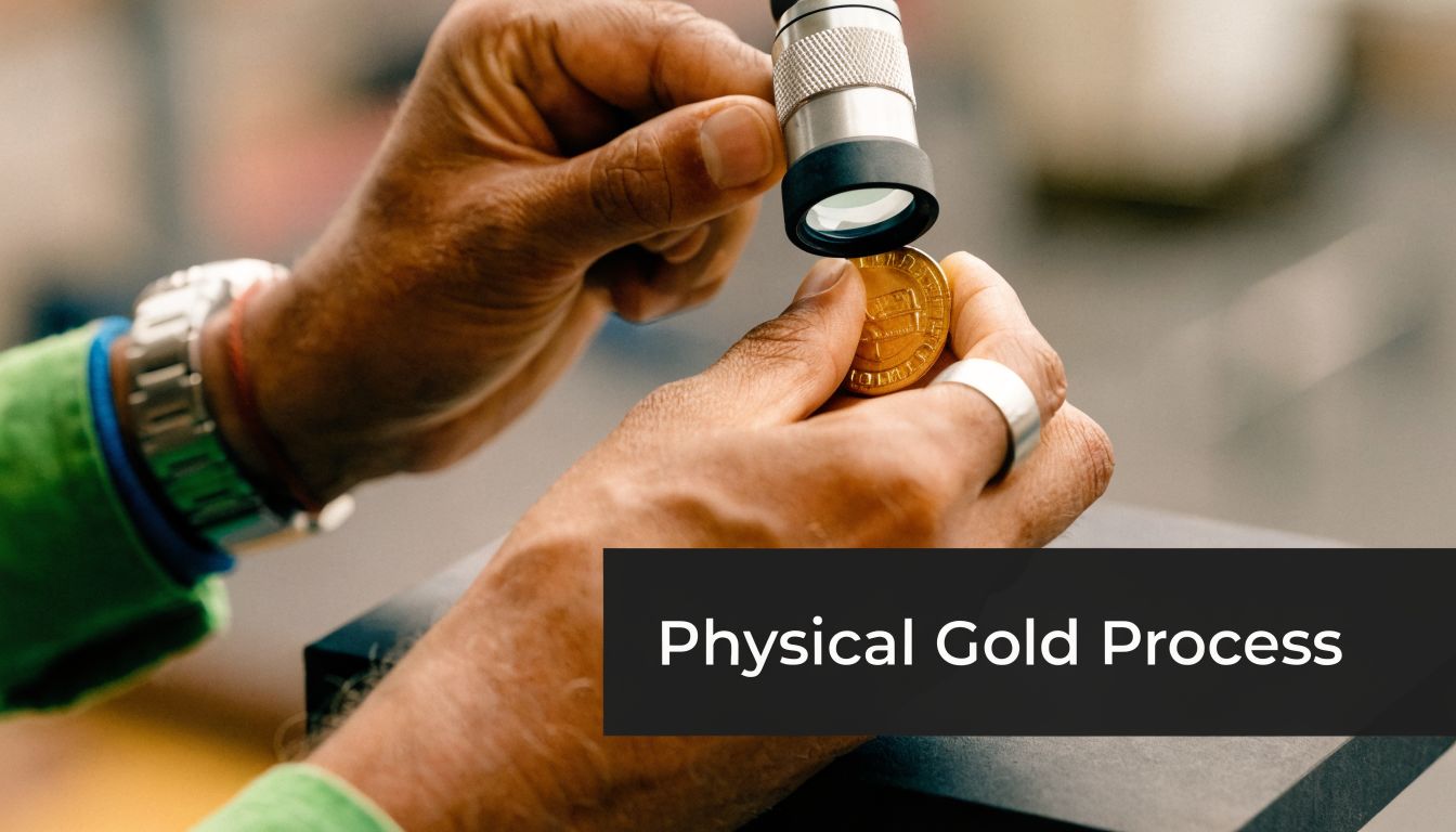 A professional jeweler closely examines a gold coin using a handheld magnifying loupe for quality assessment.