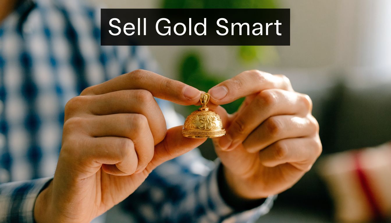 A close-up view of hands holding a small, intricately carved gold bell pendant against a blurred background.