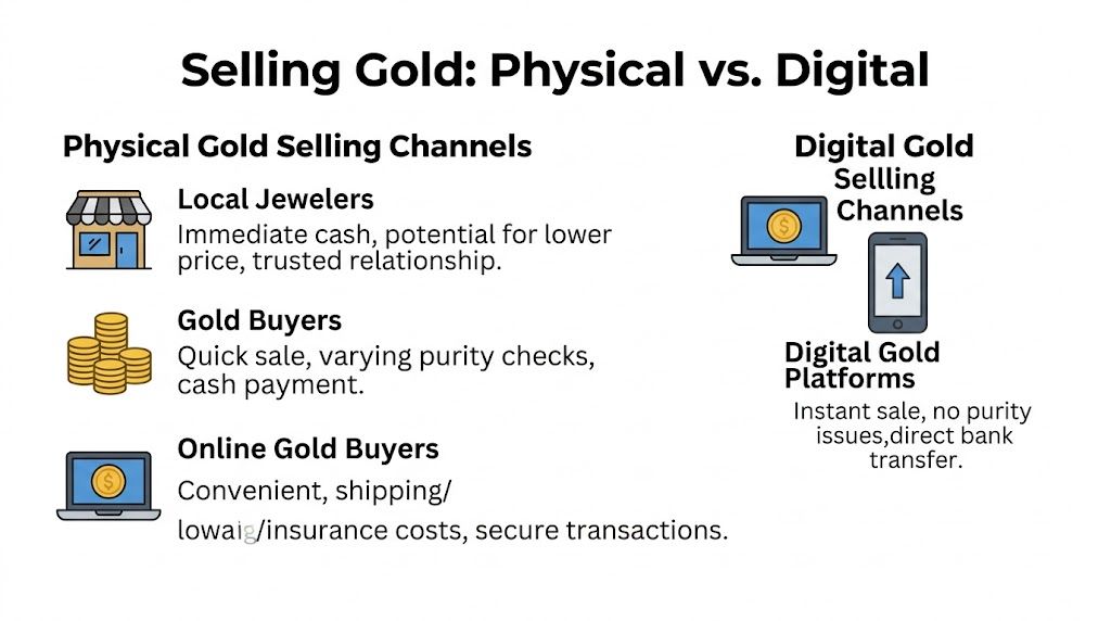 A comparison chart showing different channels for selling physical and digital gold, including benefits for each option.