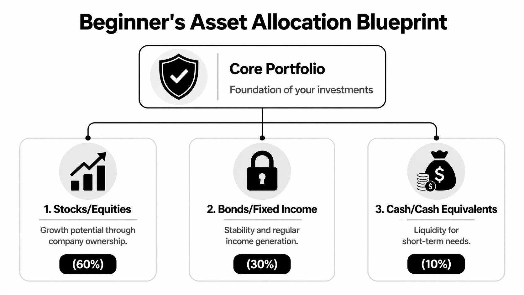 An infographic showing a beginner's asset allocation blueprint with stocks, bonds, and cash percentages.