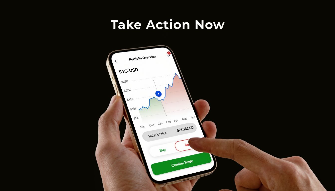 A person holding a smartphone showing a cryptocurrency portfolio overview with a Bitcoin price chart and trade buttons.