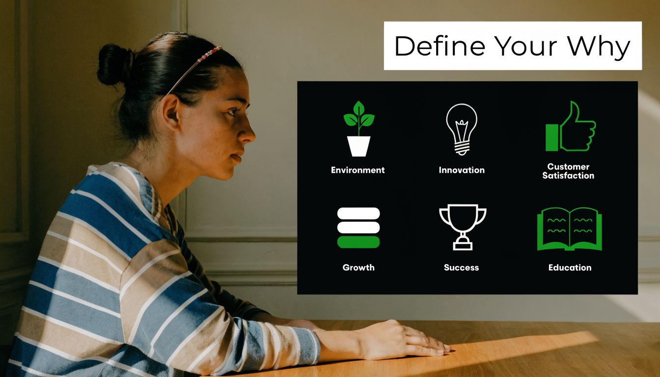 A woman looks at a graphic titled Define Your Why, highlighting core values like environment and innovation.